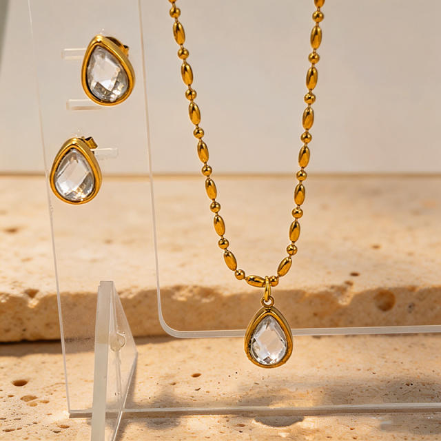 Elegant drop diamond stainless steel necklace earrings set