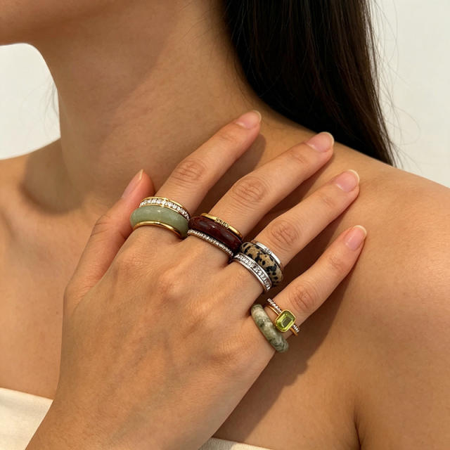 Natural stone stainless steel rings set zircon rings stackable rings