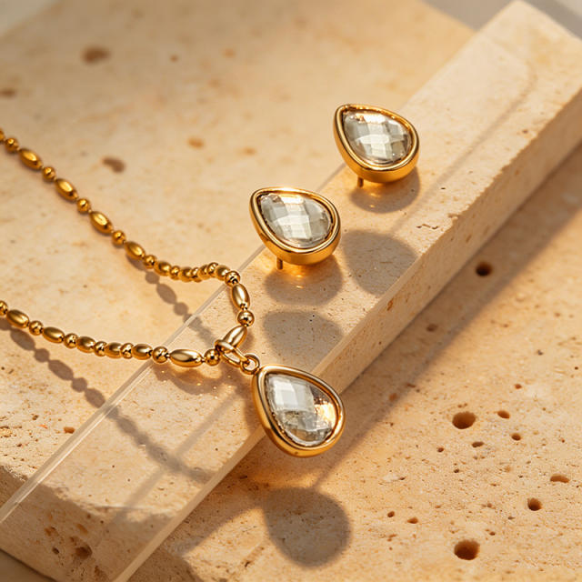 Elegant drop diamond stainless steel necklace earrings set