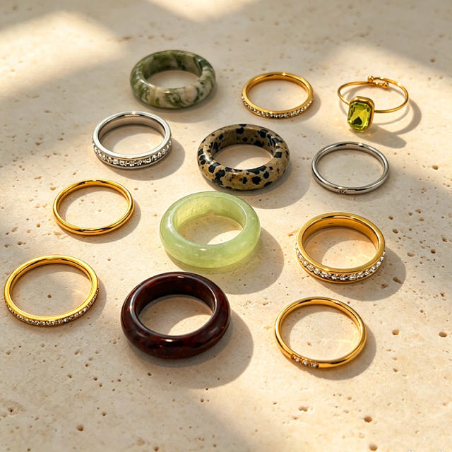 Natural stone stainless steel rings set zircon rings stackable rings