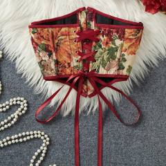 Vintage Floral Jacquard Waist Cincher with Front Buckle and Back Tie