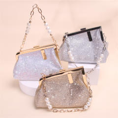 Full-diamond evening clutch light luxury pearl chain clasp handbag