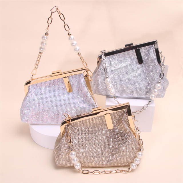 Full-diamond evening clutch light luxury pearl chain clasp handbag