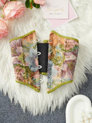 Vintage Floral Jacquard Waist Cincher with Front Buckle and Back Tie