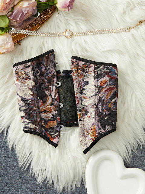 Vintage Floral Jacquard Waist Cincher with Front Buckle and Back Tie
