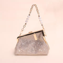 Full-diamond evening clutch light luxury pearl chain clasp handbag