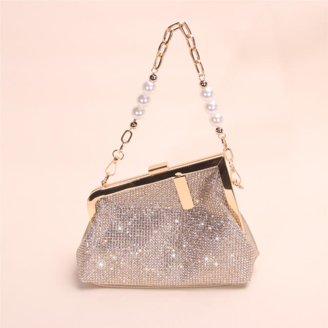 Full-diamond evening clutch light luxury pearl chain clasp handbag