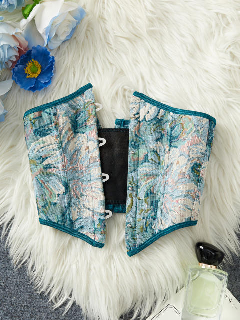 Vintage Floral Jacquard Waist Cincher with Front Buckle and Back Tie