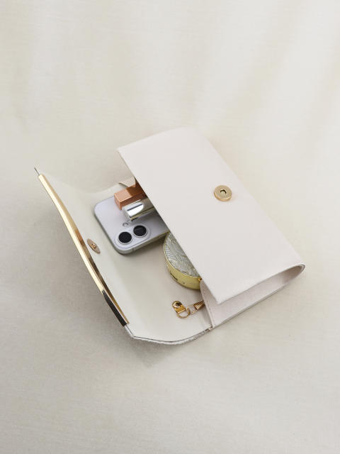 Off-white pleated metal-edged clutch evening bag
