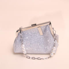 Full-diamond evening clutch light luxury pearl chain clasp handbag
