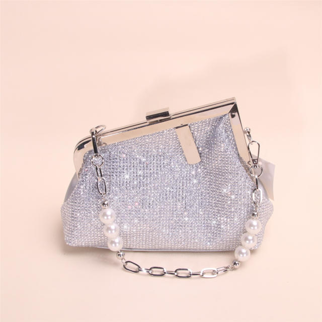 Full-diamond evening clutch light luxury pearl chain clasp handbag