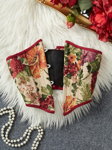 Vintage Floral Jacquard Waist Cincher with Front Buckle and Back Tie