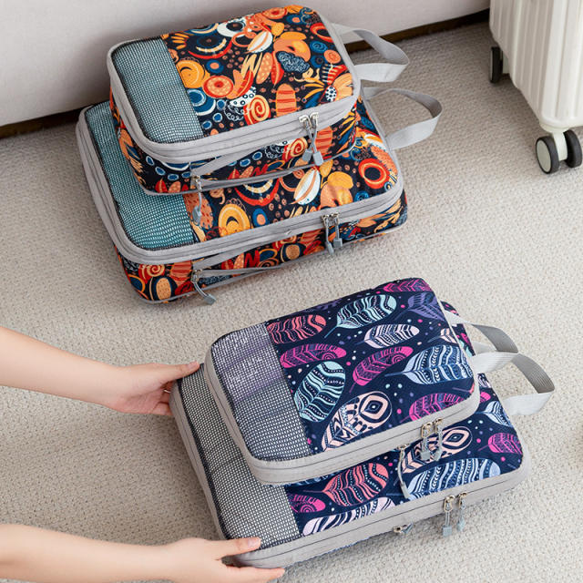 Printed Compressed Travel Storage Bag Folding Set Drawstring Clothing Bag Luggage Packing Mesh Storage Bag for Moving