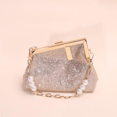 Full-diamond evening clutch light luxury pearl chain clasp handbag