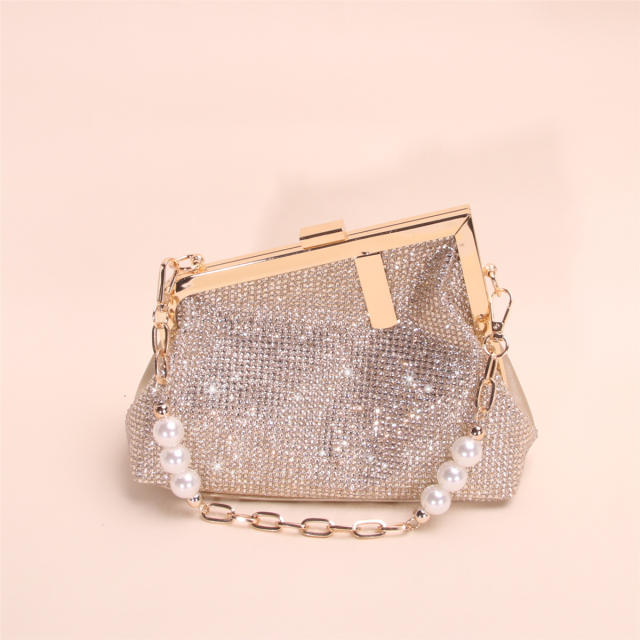 Full-diamond evening clutch light luxury pearl chain clasp handbag