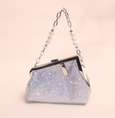 Full-diamond evening clutch light luxury pearl chain clasp handbag