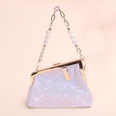 Full-diamond evening clutch light luxury pearl chain clasp handbag