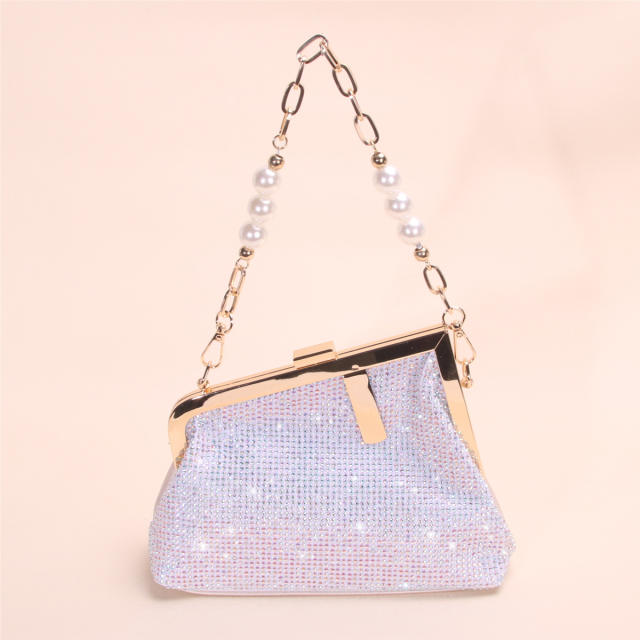 Full-diamond evening clutch light luxury pearl chain clasp handbag