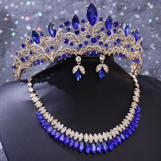 New Bridal Wedding Headwear Elegant Rhinestone Crown Necklace Earrings Three-Piece Set