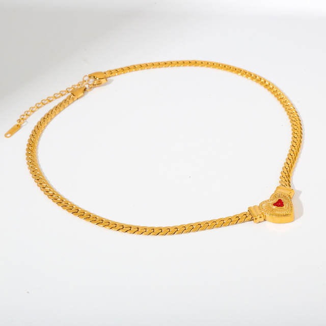 Hot sale chunky chain color diamond heart stainless steel necklace