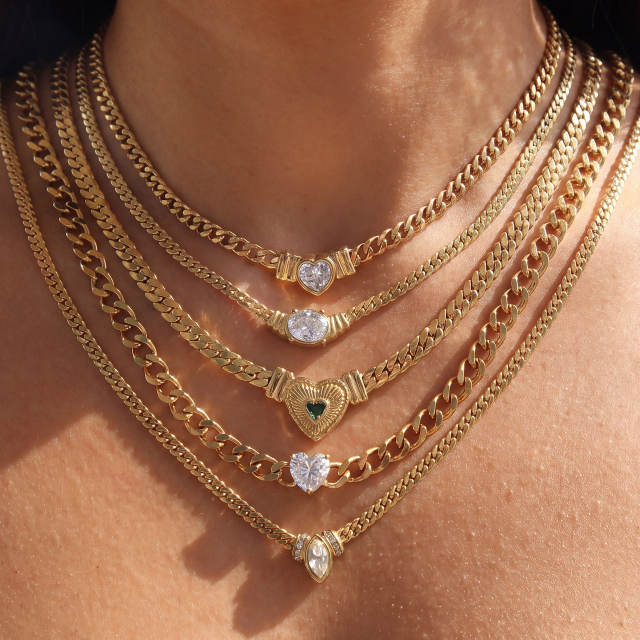 Hot sale chunky chain color diamond heart stainless steel necklace