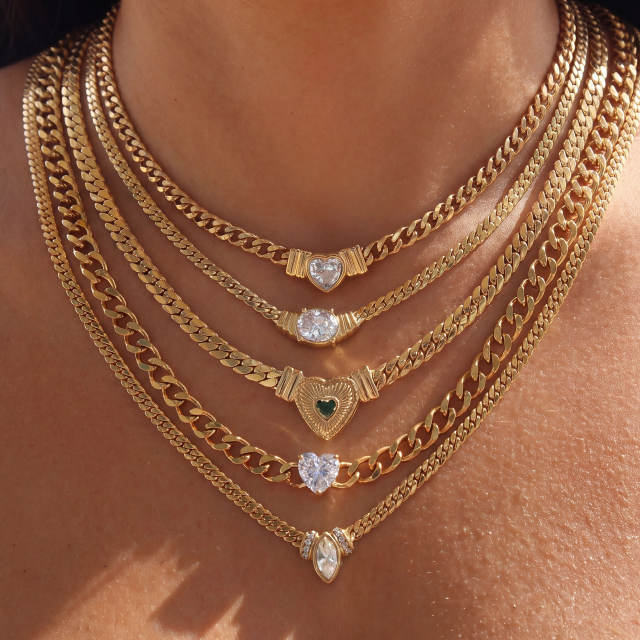Hot sale chunky chain color diamond heart stainless steel necklace