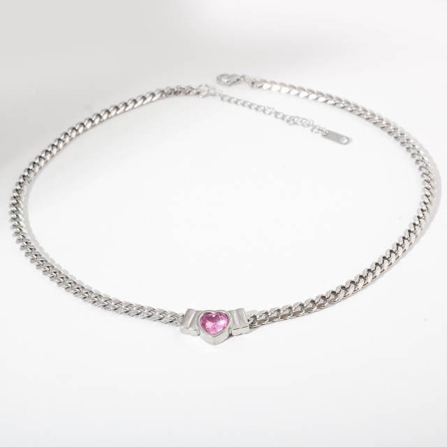 Hot sale chunky chain color diamond heart stainless steel necklace
