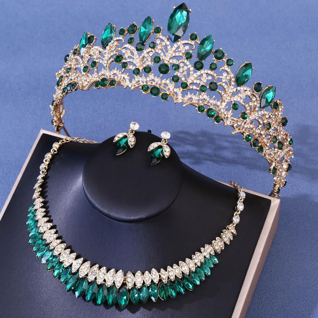 New Bridal Wedding Headwear Elegant Rhinestone Crown Necklace Earrings Three-Piece Set