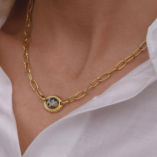 Natural stone inlaid stainless steel necklace