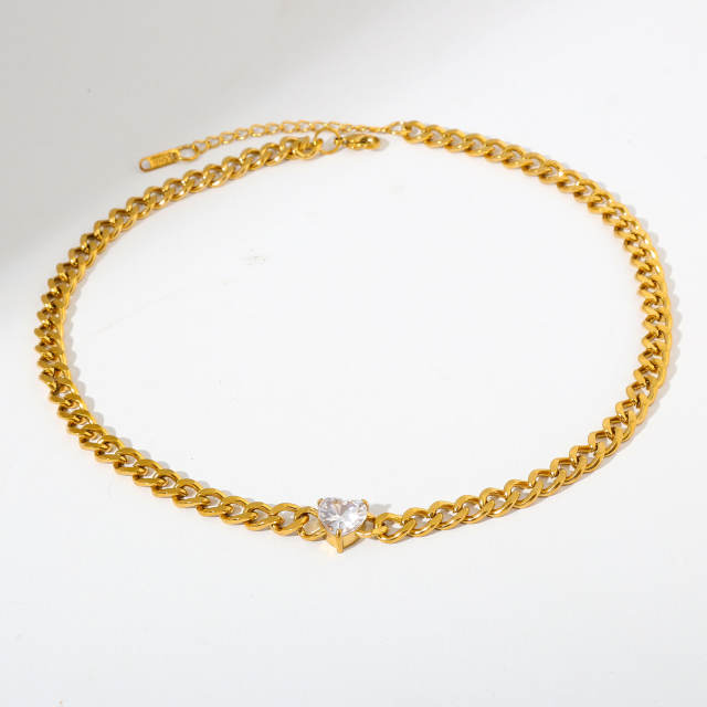 Hot sale chunky chain color diamond heart stainless steel necklace