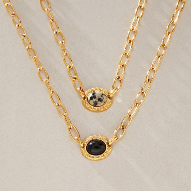Natural stone inlaid stainless steel necklace