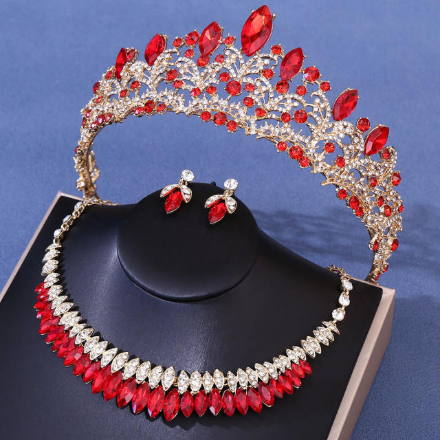 New Bridal Wedding Headwear Elegant Rhinestone Crown Necklace Earrings Three-Piece Set