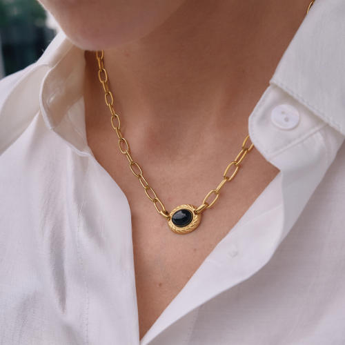 Natural stone inlaid stainless steel necklace
