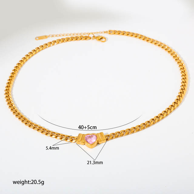 Hot sale chunky chain color diamond heart stainless steel necklace