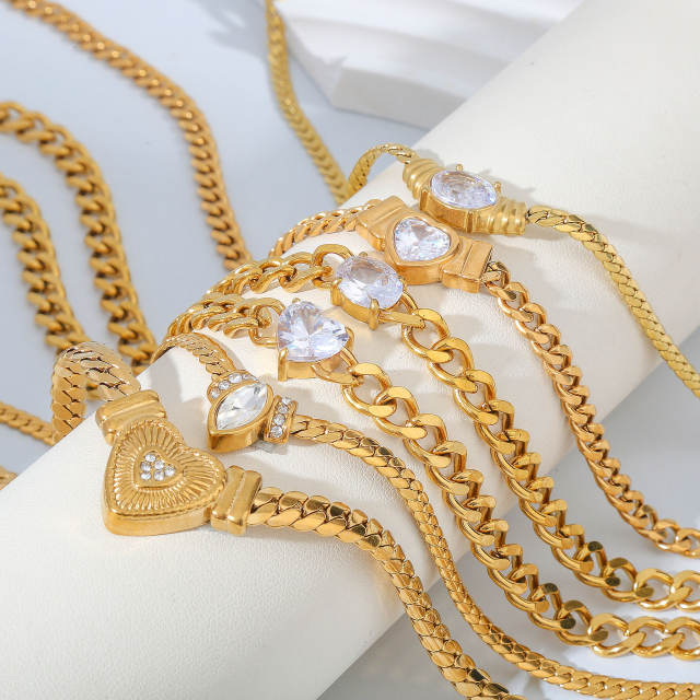 Hot sale chunky chain color diamond heart stainless steel necklace
