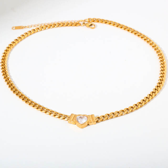 Hot sale chunky chain color diamond heart stainless steel necklace
