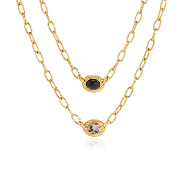 Natural stone inlaid stainless steel necklace
