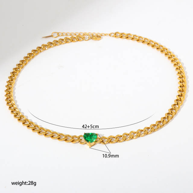 Hot sale chunky chain color diamond heart stainless steel necklace