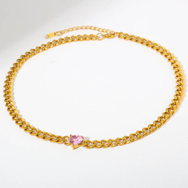 Hot sale chunky chain color diamond heart stainless steel necklace