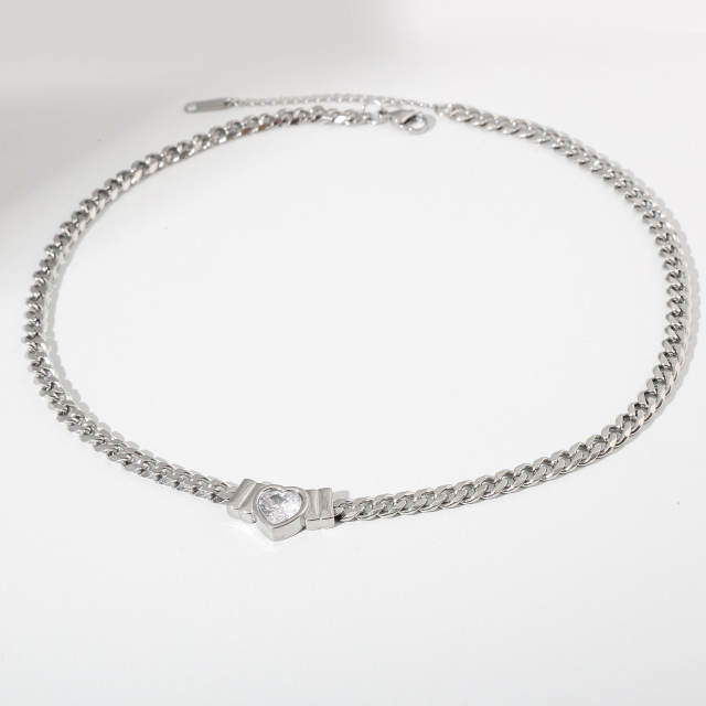Hot sale chunky chain color diamond heart stainless steel necklace