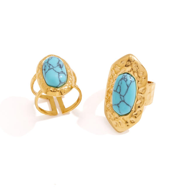 Hammer pattern turquoise stone inlaid stainless steel rings