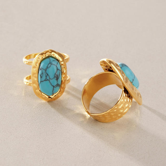 Hammer pattern turquoise stone inlaid stainless steel rings