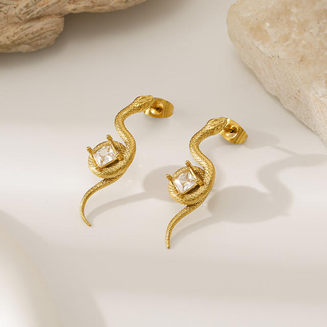 Stainless steel earrings zircon earrings with geometric C-shaped snake design