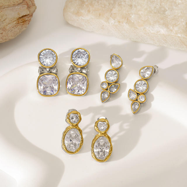 Easy match simple oval shape diamond earrings stainless steel earrings