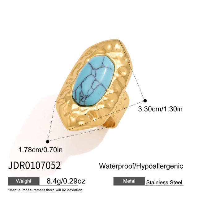 Hammer pattern turquoise stone inlaid stainless steel rings