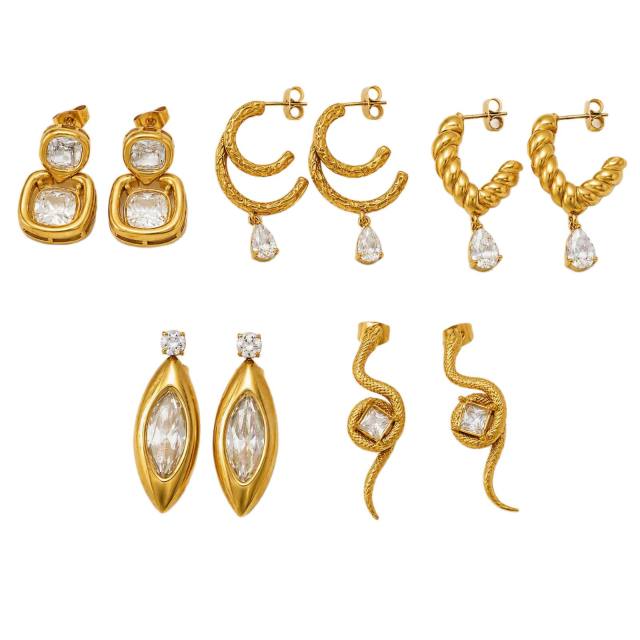 Stainless steel earrings zircon earrings with geometric C-shaped snake design