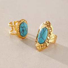 Hammer pattern turquoise stone inlaid stainless steel rings