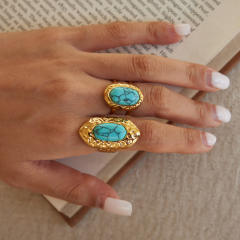 Hammer pattern turquoise stone inlaid stainless steel rings