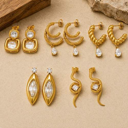 Stainless steel earrings zircon earrings with geometric C-shaped snake design