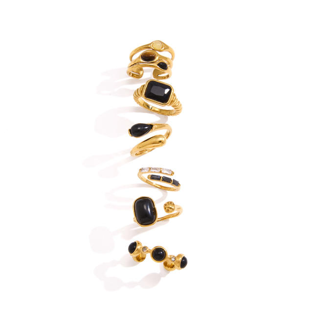 Unique obsidian stone inlaid stainless steel rings collection